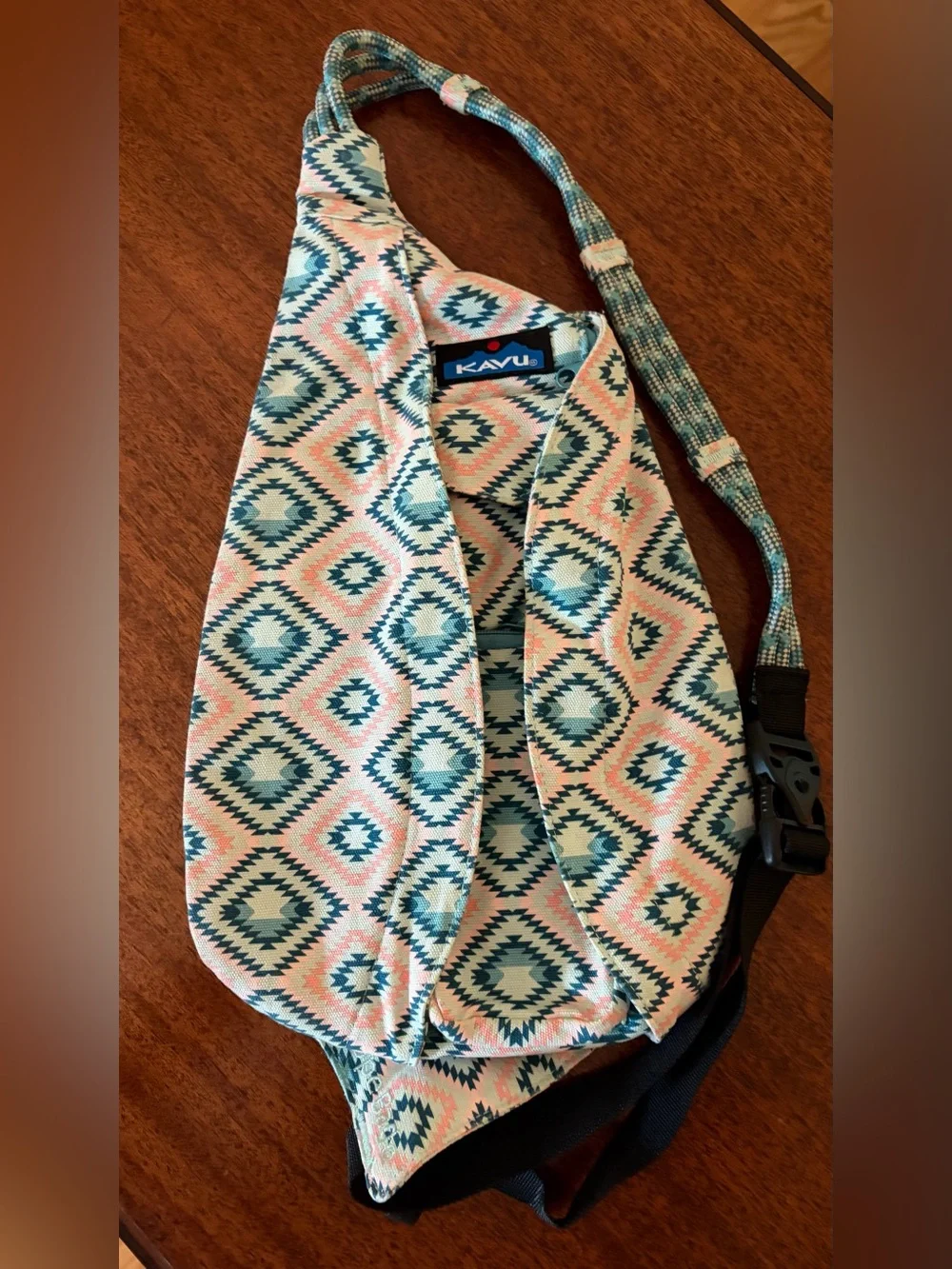 Kavu Crossbody Sling Bag in Teal and Pink Aztec Print